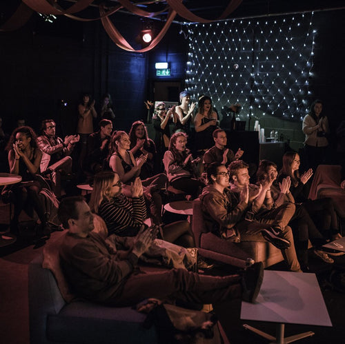 Audience in a theater watching a performance.