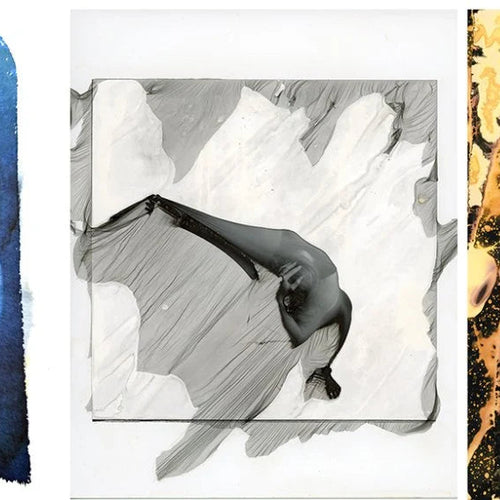 Three artistic images side by side: a silhouette of a person with a bird, a black and white abstract shape, and a colorful abstract design.