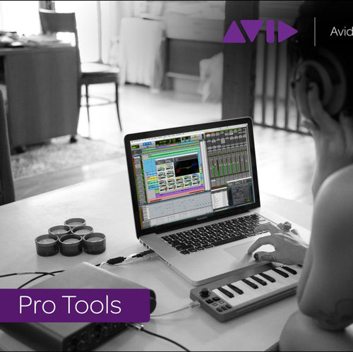 Person using a laptop with Pro Tools software in a home office setting, Avid Learning Partner branding visible.