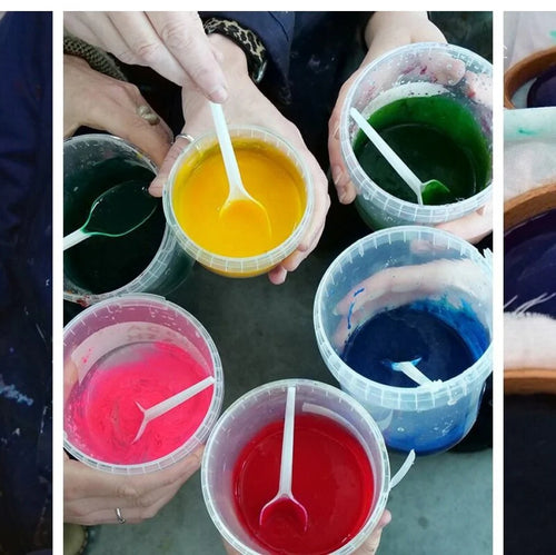 Hands holding containers with seaweed bioplastic and spoons in a collage.