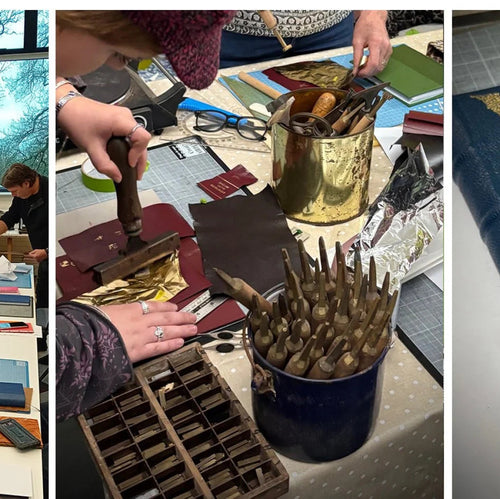 Collage of a person working with bookbinding tools and materials on a table.