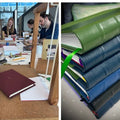 Collage of a gorup of learners bookbinding and leather-bound books, 