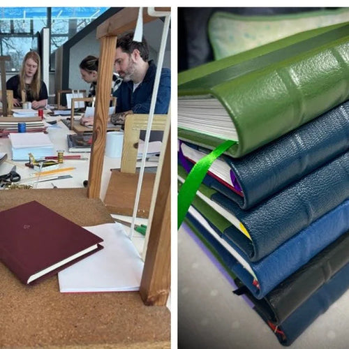 Collage of a gorup of learners bookbinding and leather-bound books, 