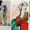 Three abstract artworks with colorful figures on a white background