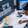 Person working at a desk with two computer monitors, one displaying design software and the other showing a different application.