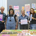 Collage of people working on art projects with colorful materials and a printer.