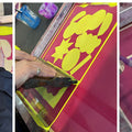 Collage of a person screenprinting on textiles