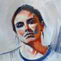 Artistic depiction of a person's face with a neutral expression on a textured gray background